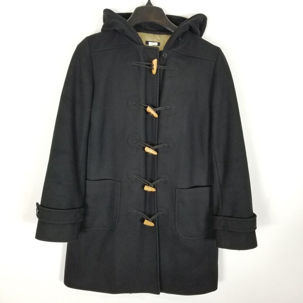 J.Crew Women Wool Blend Duffle‎ Coat Size S Black Hooded Button Up Trench Jacket